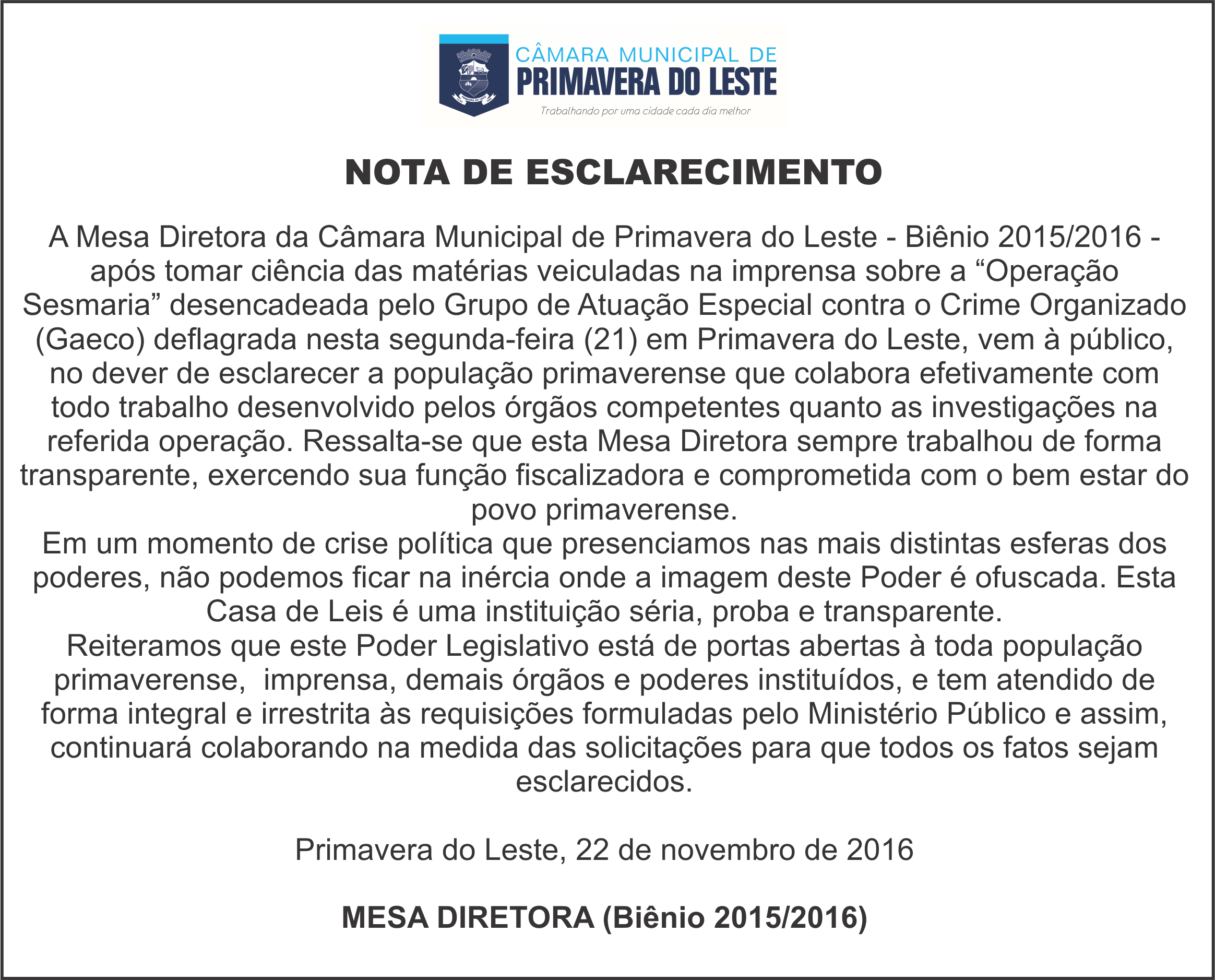 NOTA DE ESCLARECIMENTO