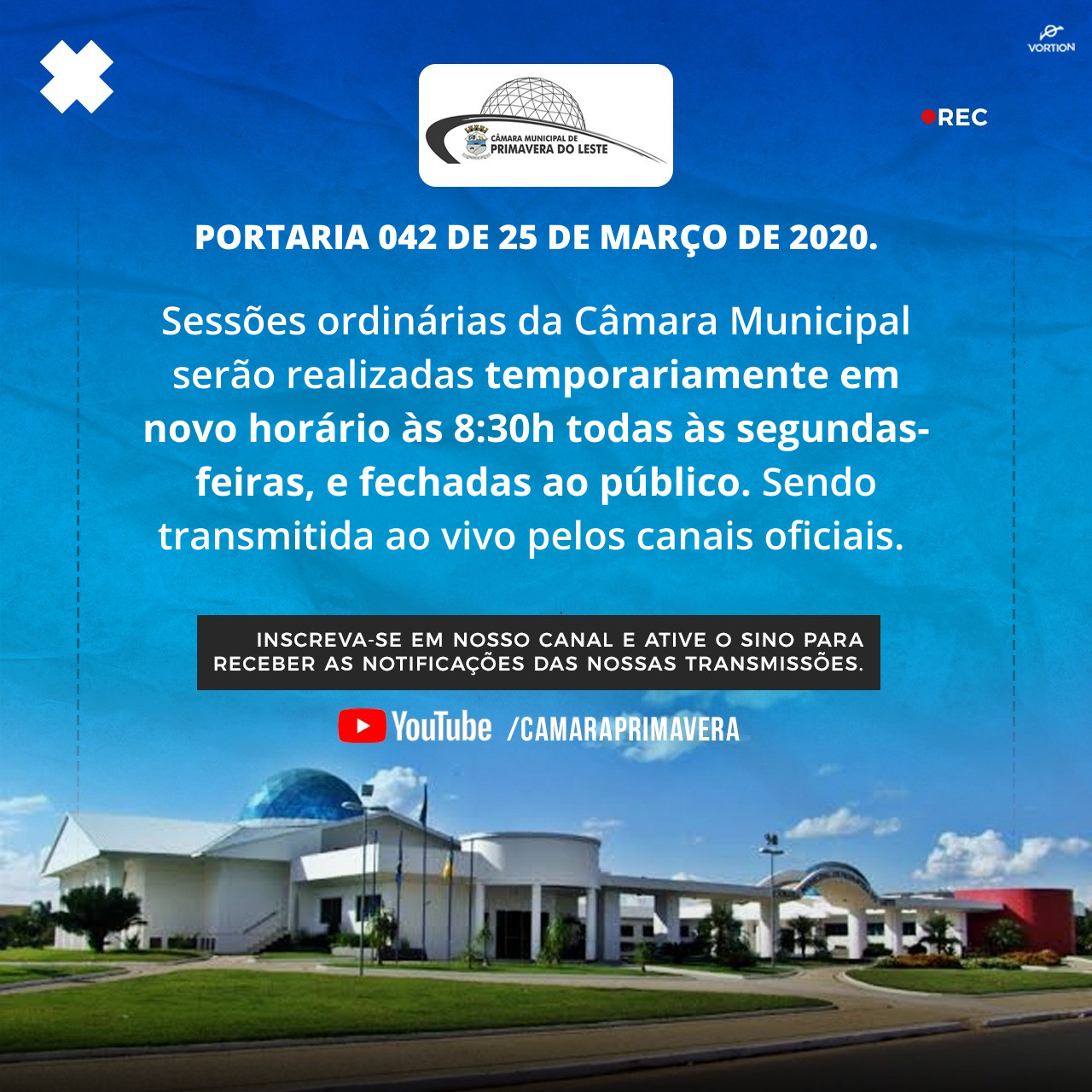 Sessões acontecerão às 8:30h todas segundas-feiras temporariamente, e  serão fechadas ao público como medida de combate ao Covid -19. 